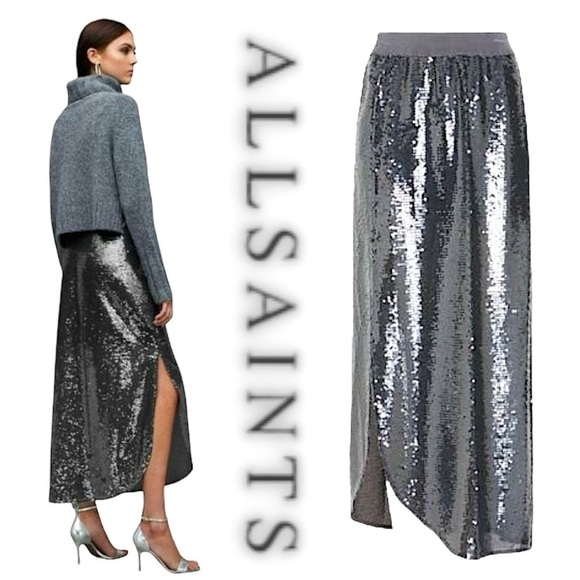 NWOT Allsaints ✘ Opal Sparkle Sequins Midi Side Slit Skirt Silver S
